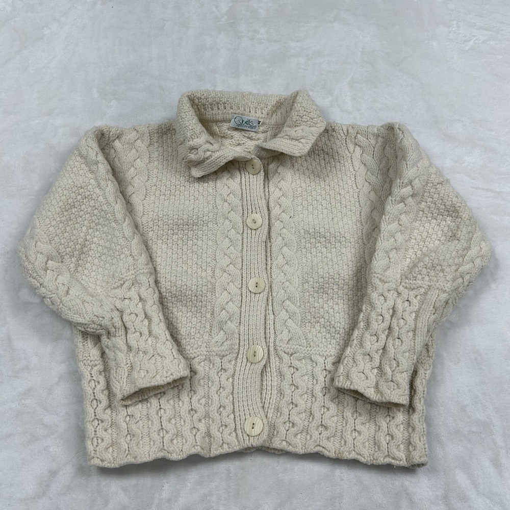Quills Cardigan Sweater Womens Medium Cream Merino Wool Cable Knit Ireland